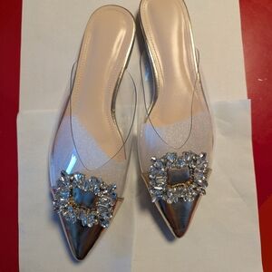 Women’s Clear Slip-On/ Mules Pointed Toe Flats with Crystal Buckle